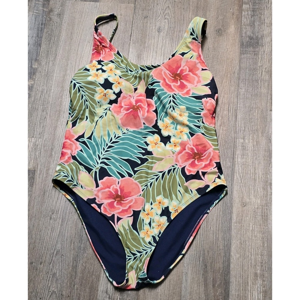 Hurley Tropical Floral One Piece Swimsuit Womens Large Navy Pink Cutout Back